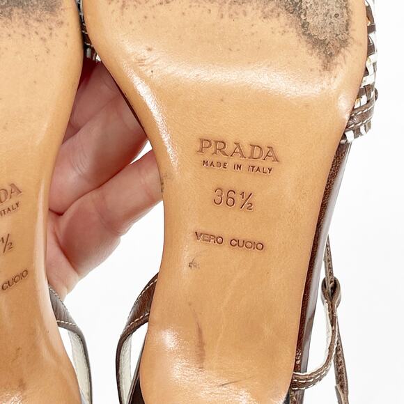 Vintage Prada Brown White Woven Leather Square Toe Slingback Heels IT 36.5 - Picture 11 of 12